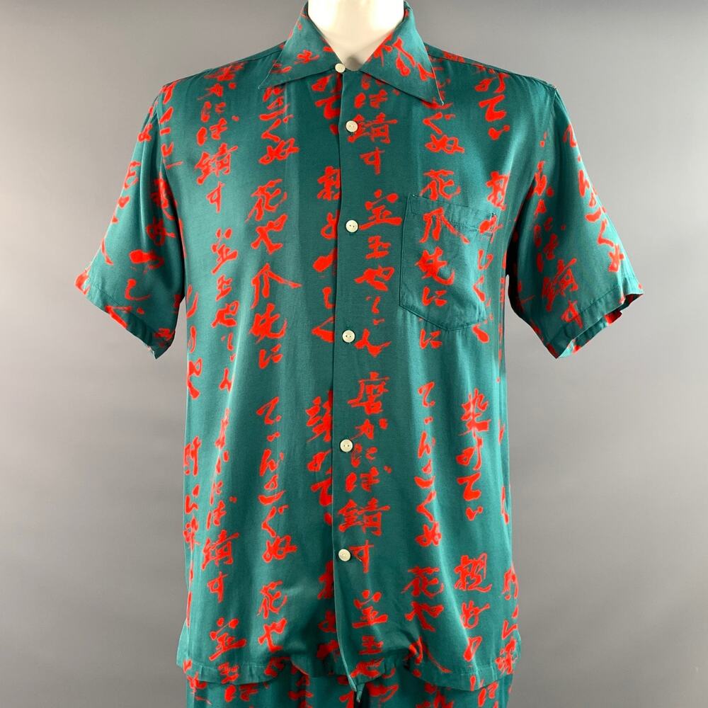 OPENING CEREMONY Size L Green Red Graphic Rayon Dagger Short Sleeve Shirt